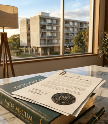 Close-up de contratos de compra e venda de imóveis protegidos por um Vade Mecum verde e uma caneta de luxo, com vista para a arquitetura residencial icônica (pilotis) de Brasília ao fundo. Representa a blindagem jurídica imobiliária do escritório Menegaz Advogados no DF.