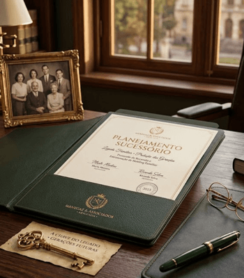 Close-up de uma chave dourada minimalista destravando um cofre de couro verde floresta, simbolizando o acesso ágil e seguro à herança e a organização do legado familiar em Brasília, executado pelo escritório Menegaz Advogados.